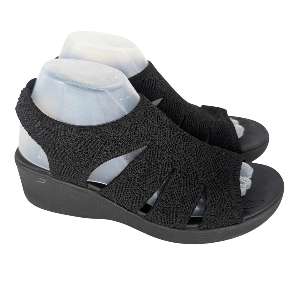 Skechers Pier-lite Memory Maker Womens 9 Black Stretch Knit Wedge Sandals Comfy